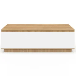 Table basse 110 cm avec porte façon hêtre et blanc