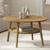 Table basse 70 cm ronde bois façon hêtre et plateau effet naturel cannage