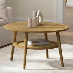Table basse 70 cm ronde bois façon hêtre et plateau effet naturel cannage
