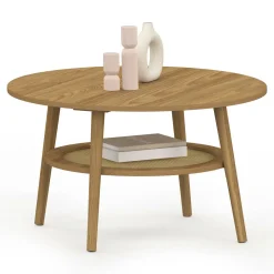 Table basse 70 cm ronde bois façon hêtre et plateau effet naturel cannage