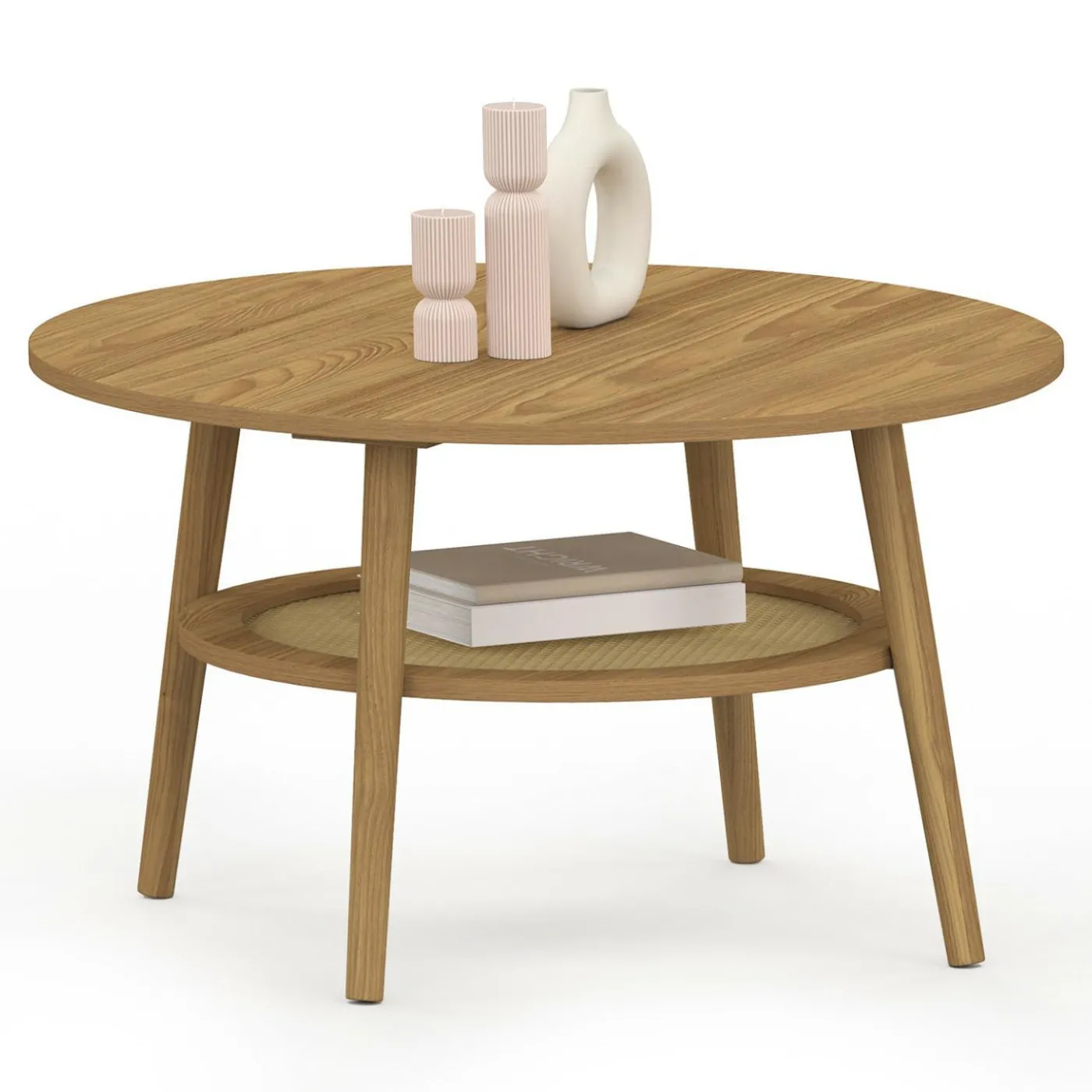 Table basse 70 cm ronde bois façon hêtre et plateau effet naturel cannage