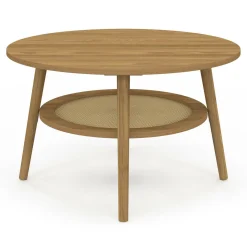 Table basse 70 cm ronde bois façon hêtre et plateau effet naturel cannage