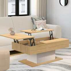Table basse 2 plateaux relevables bois et blanc