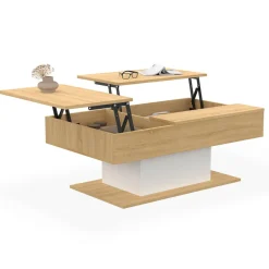 Table basse 2 plateaux relevables bois et blanc