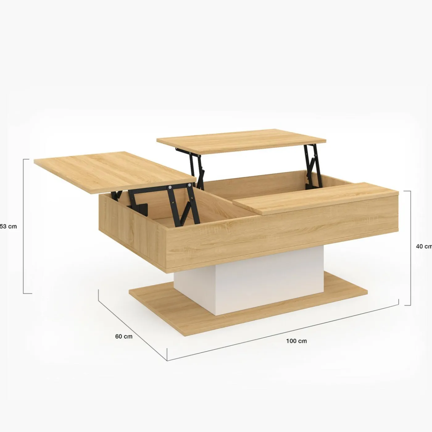 Table basse 2 plateaux relevables bois et blanc