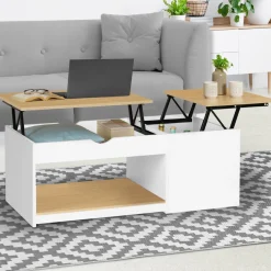 Table basse 2 plateaux relevables bois blanc et façon hêtre