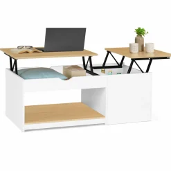 Table basse 2 plateaux relevables bois blanc et façon hêtre