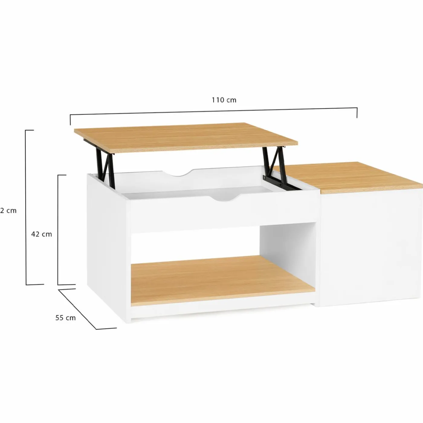 Table basse 2 plateaux relevables bois blanc et façon hêtre