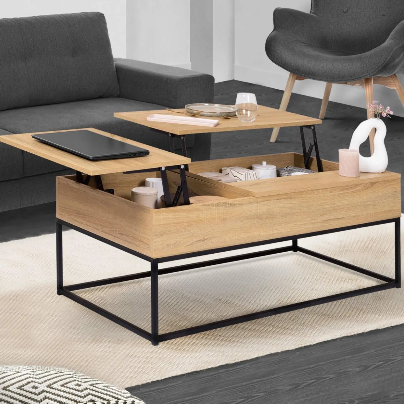 Table basse avec 2 plateaux relevables style industriel