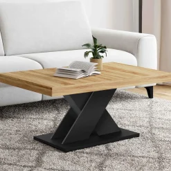 Table basse avec plateau bois et pied en X noir