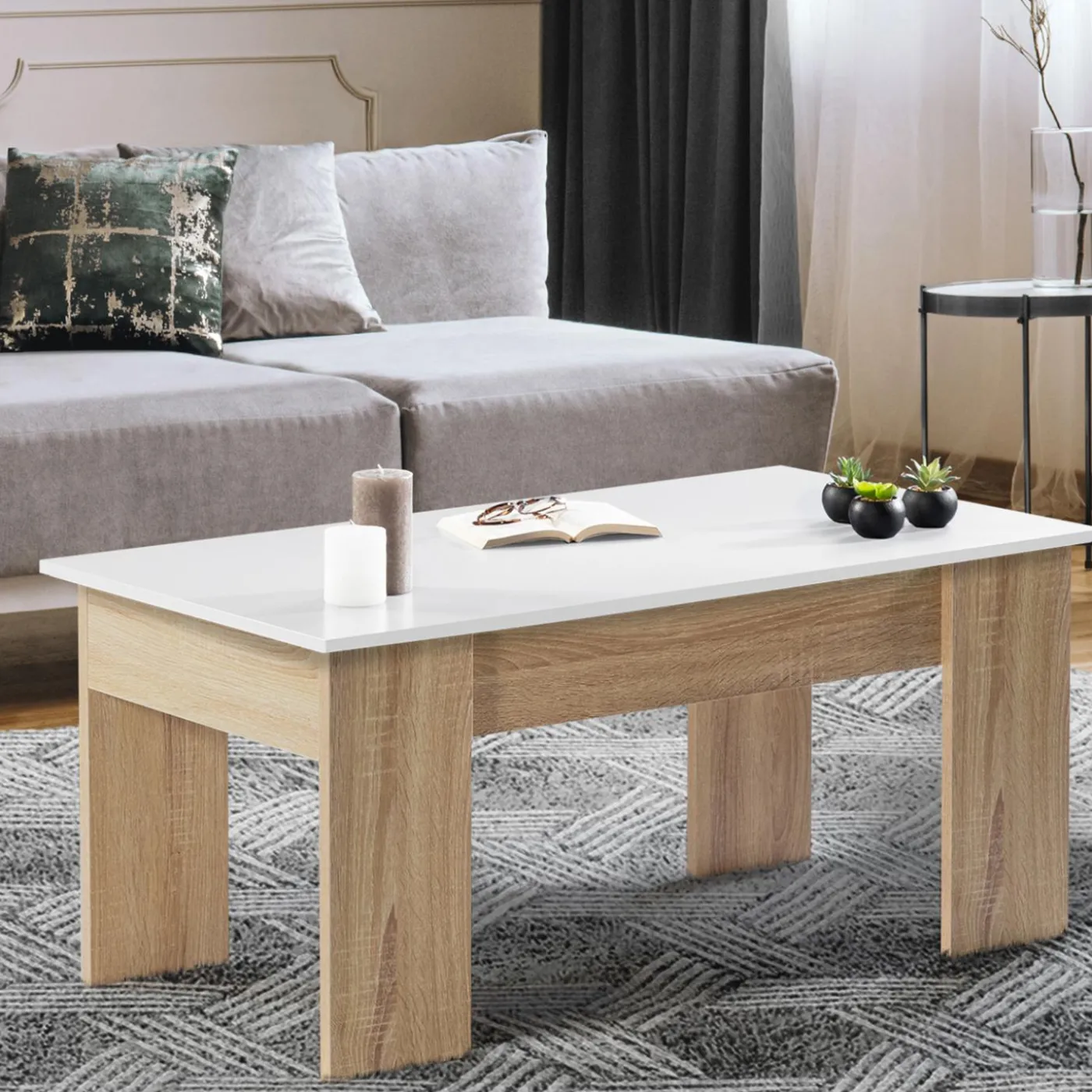 Table basse avec plateau relevable bois blanc et imitation hêtre