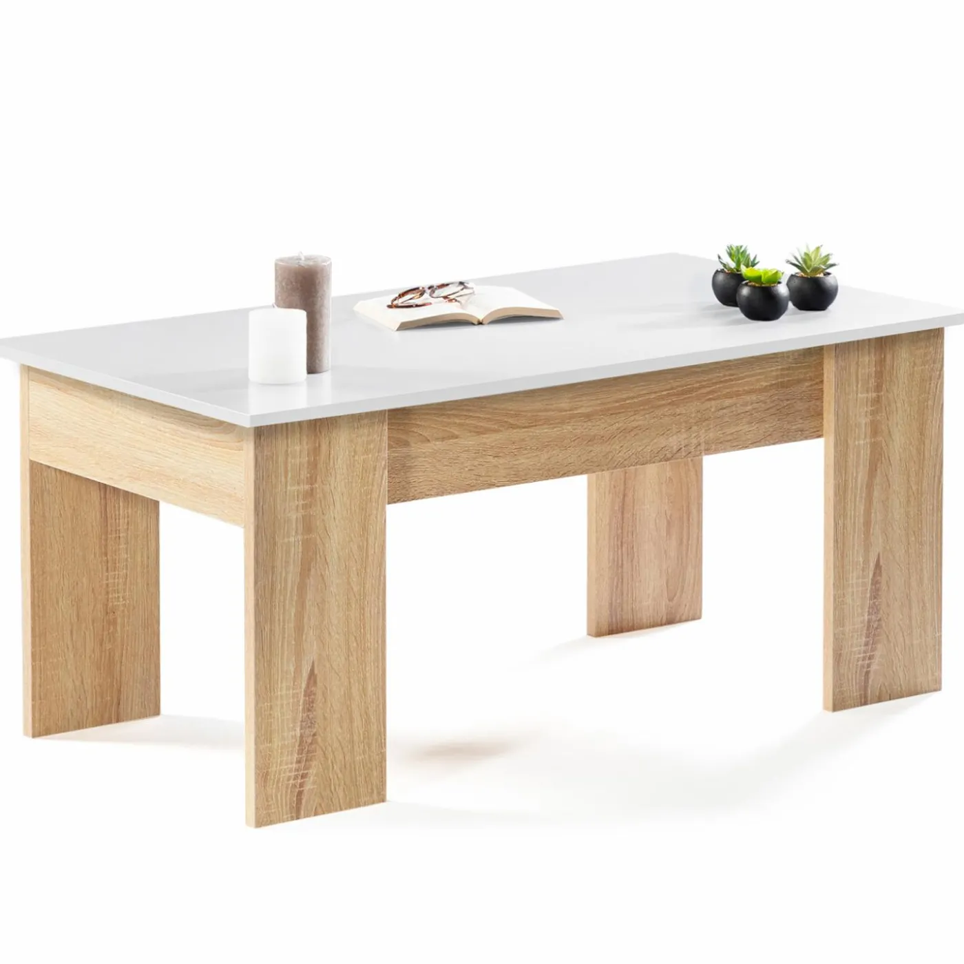 Table basse avec plateau relevable bois blanc et imitation hêtre
