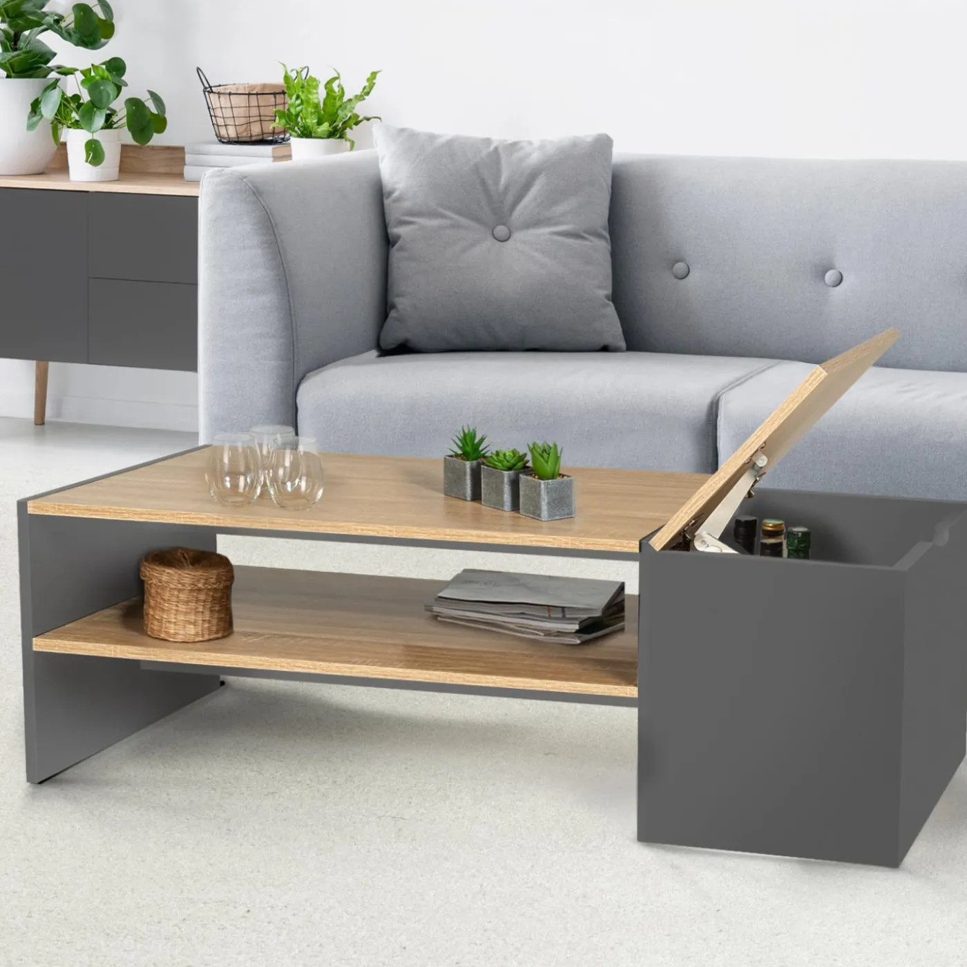 Table basse avec rangement bar 110 cm bois imitation hêtre et gris