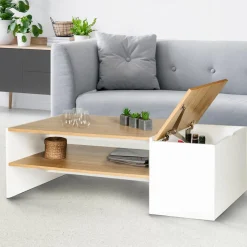 Table basse avec rangement bar 110 cm bois imitation hêtre et blanc