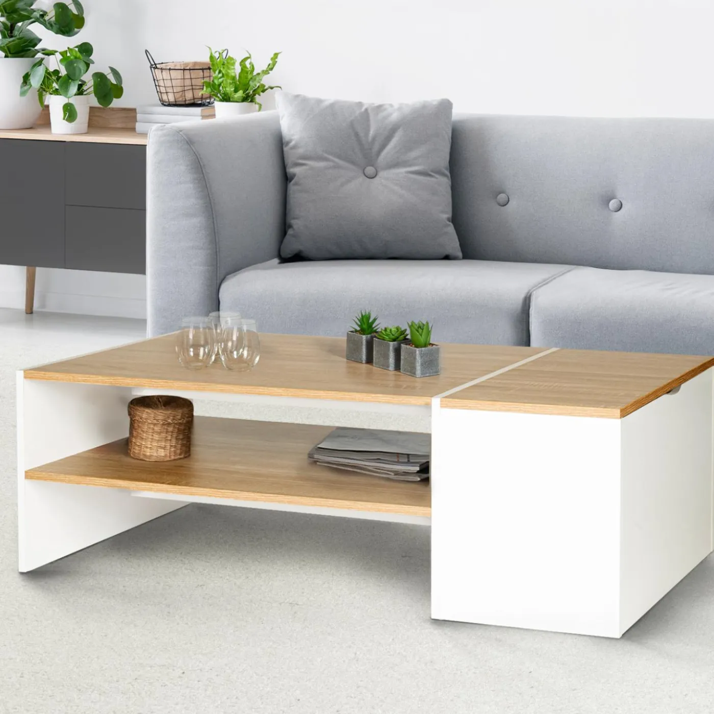 Table basse avec rangement bar 110 cm bois imitation hêtre et blanc