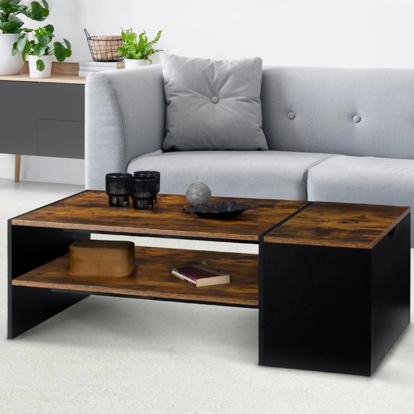Table basse bar avec coffre bois foncé et noir