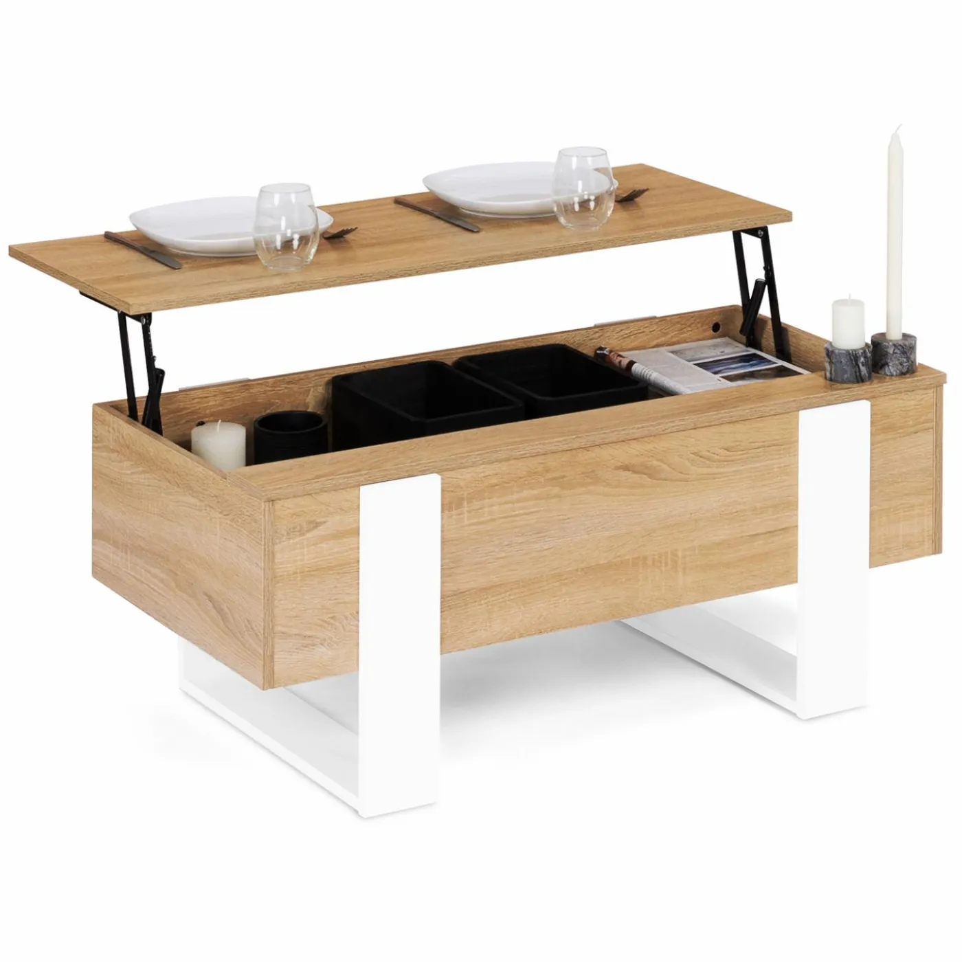 Table basse bois et blanc avec plateau relevable