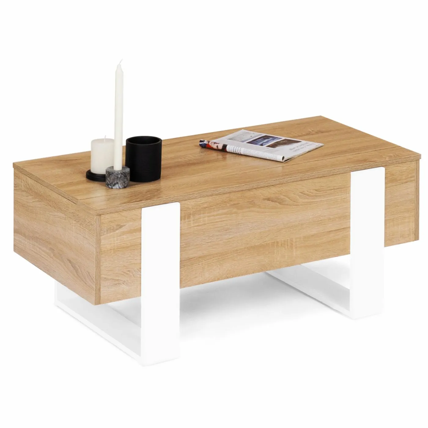 Table basse bois et blanc avec plateau relevable