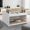 Table basse carrée blanche avec plateau relevable et coffre bois