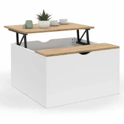 Table basse carrée blanche avec plateau relevable et coffre bois