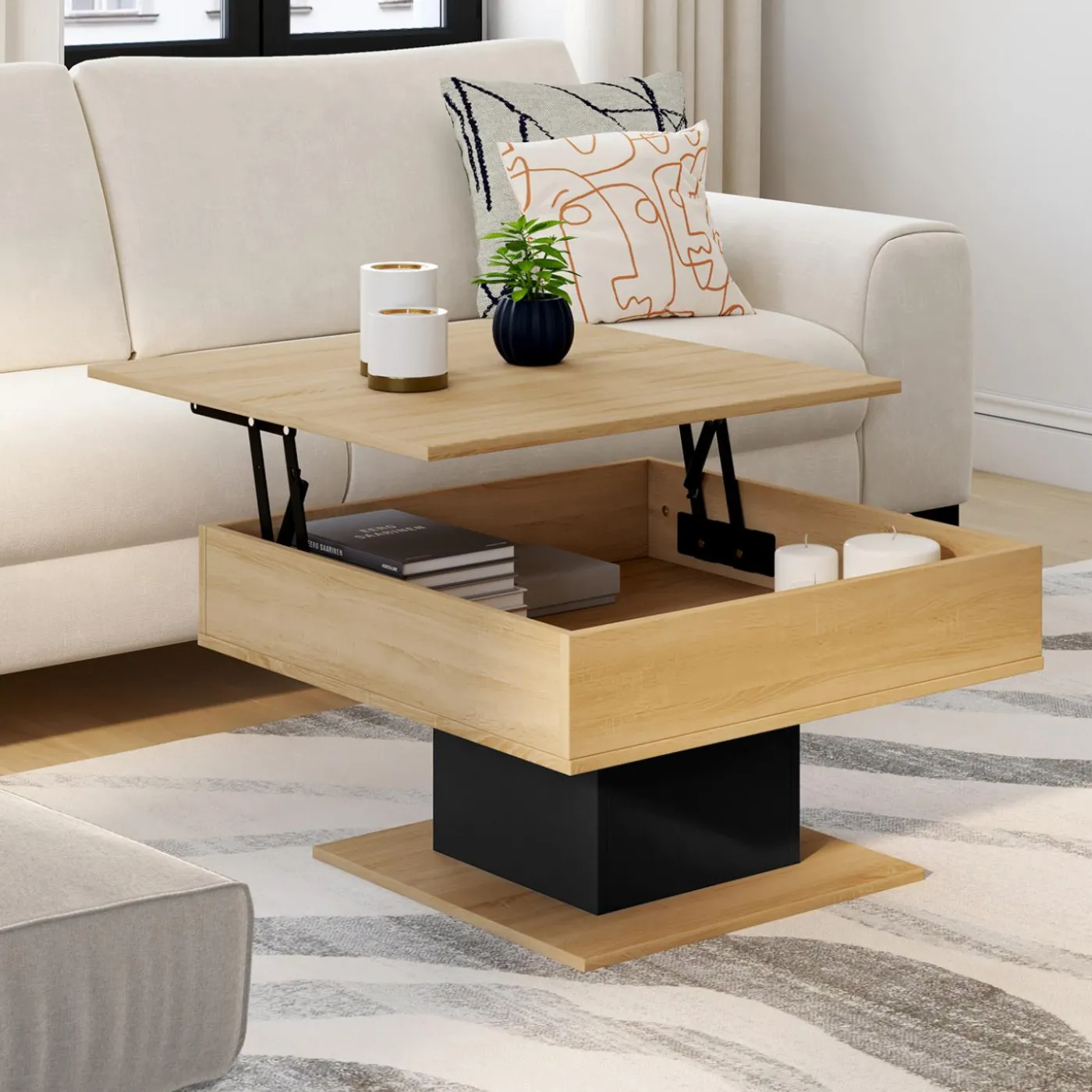Table basse carrée bois et noir avec plateau relevable
