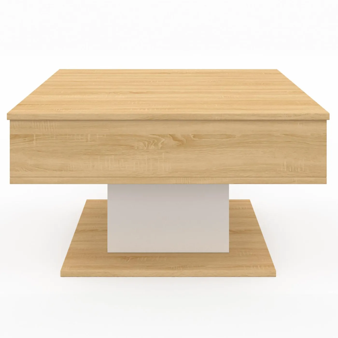 Table basse carrée bois et blanc avec plateau relevable