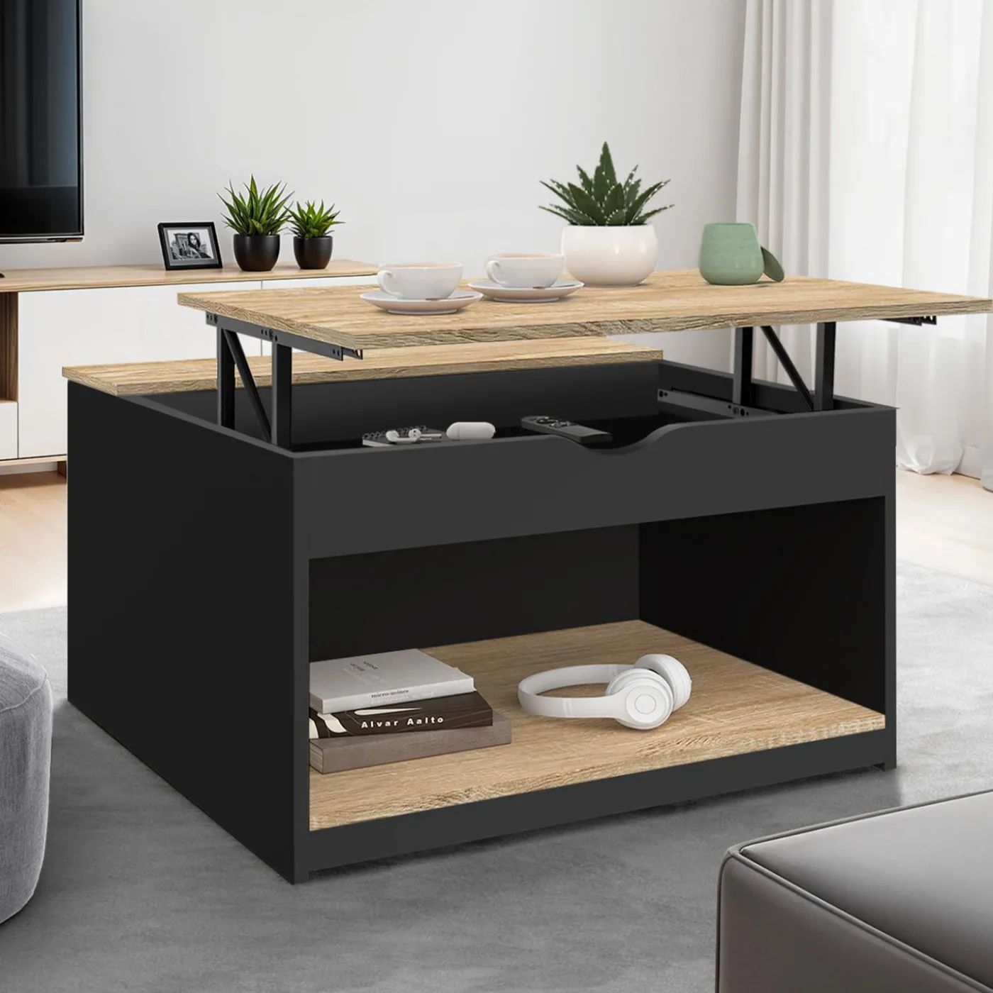 Table basse carrée noire avec plateau relevable et coffre bois