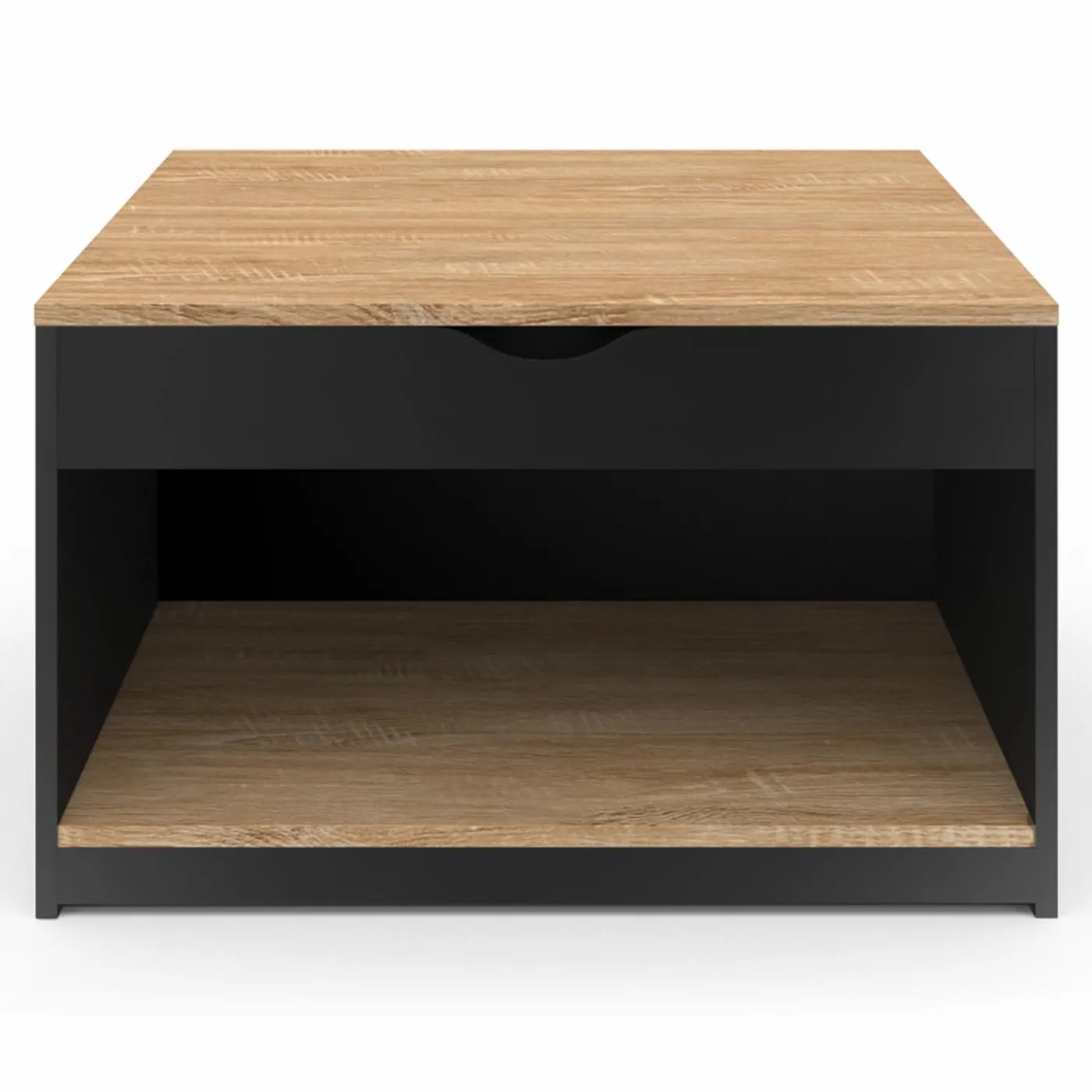 Table basse carrée noire avec plateau relevable et coffre bois