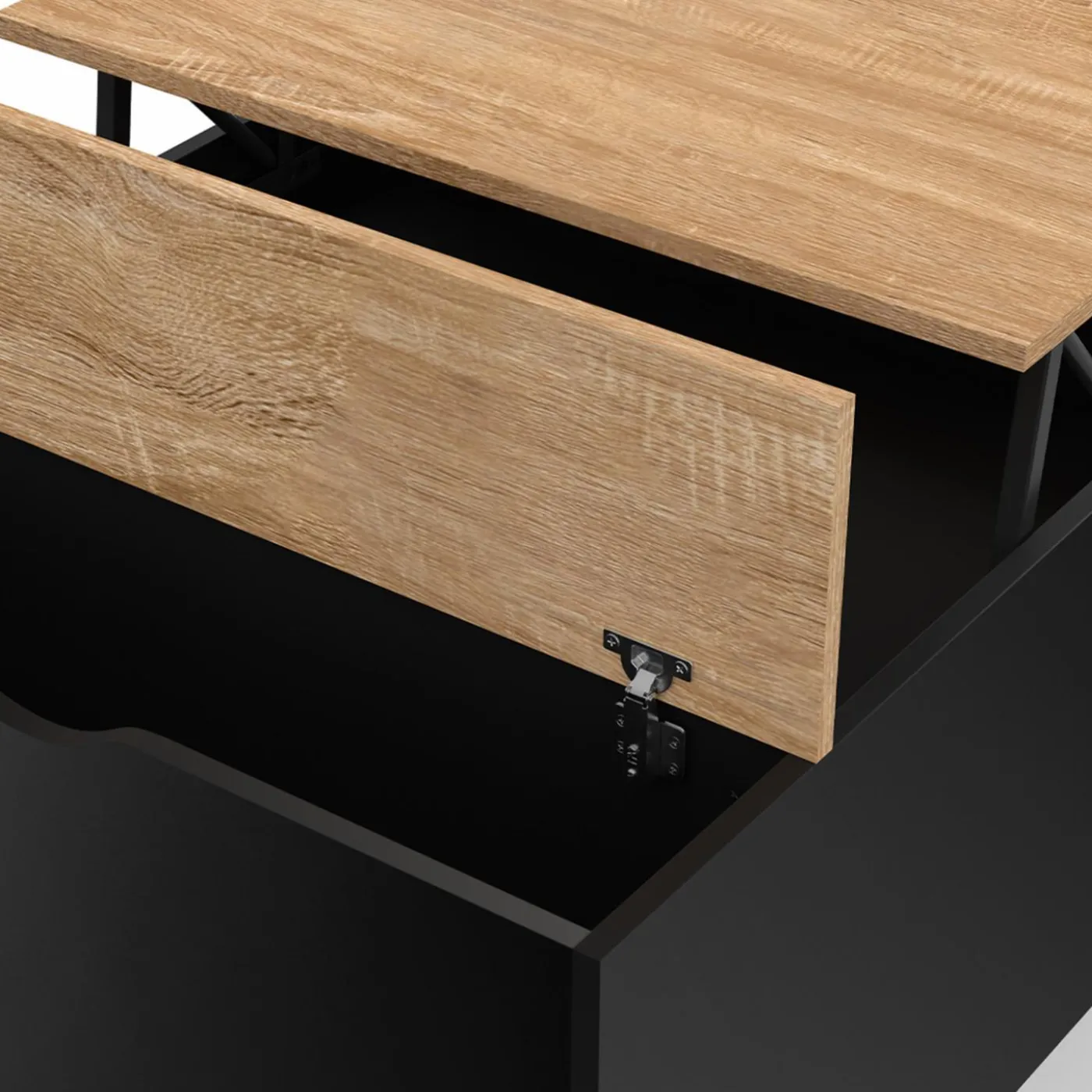 Table basse carrée noire avec plateau relevable et coffre bois