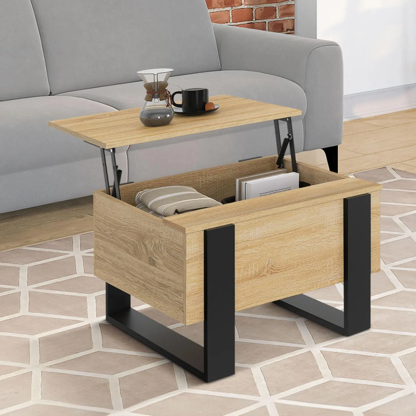 Table basse carrée plateau relevable bois et noir