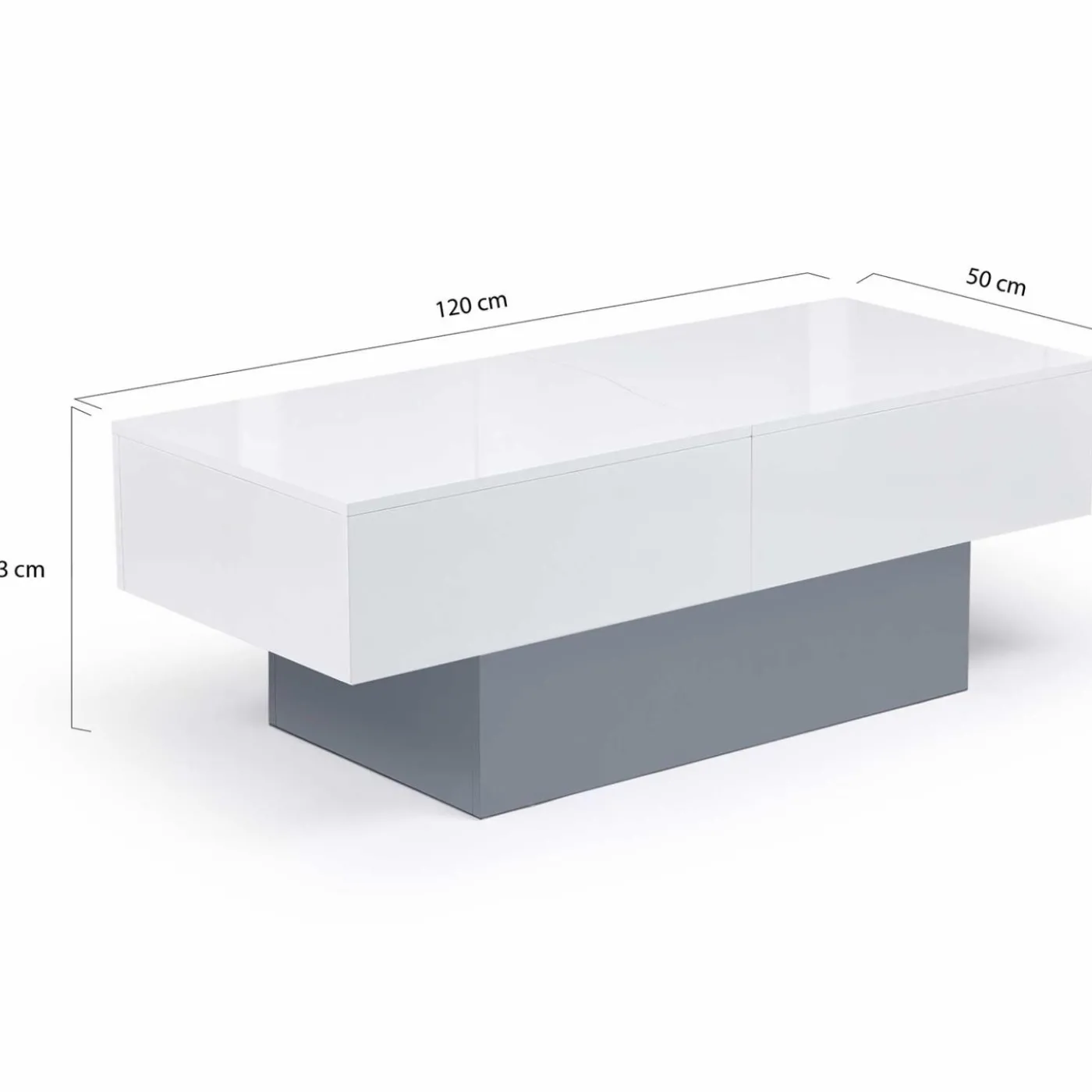 Table basse coulissante blanche et grise avec rangement mini bar intégré