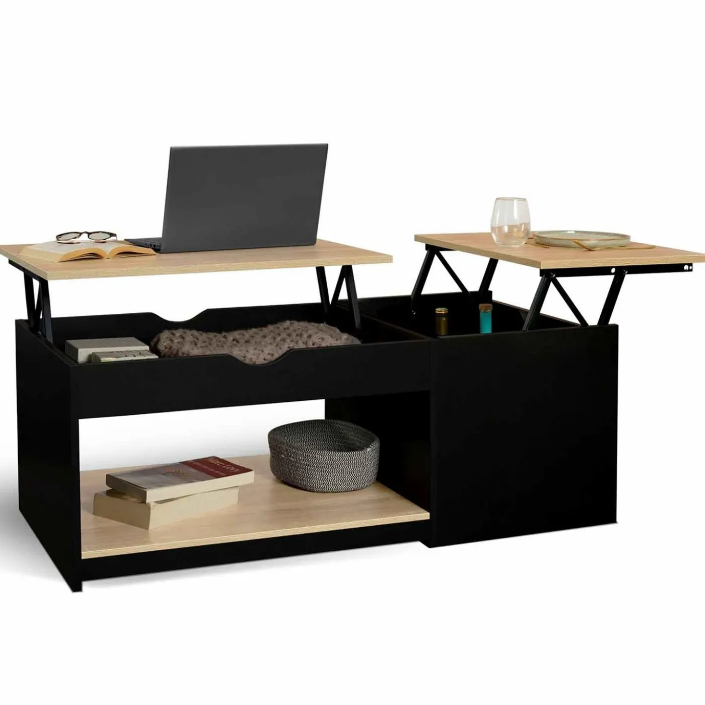 Table basse double plateau relevable noir et bois