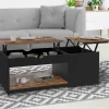 Table basse double plateau relevable bois foncé effet vieilli et noir avec coffre