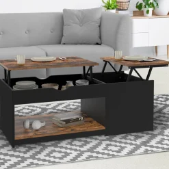 Table basse double plateau relevable bois foncé effet vieilli et noir avec coffre