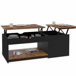 Table basse double plateau relevable bois foncé effet vieilli et noir avec coffre