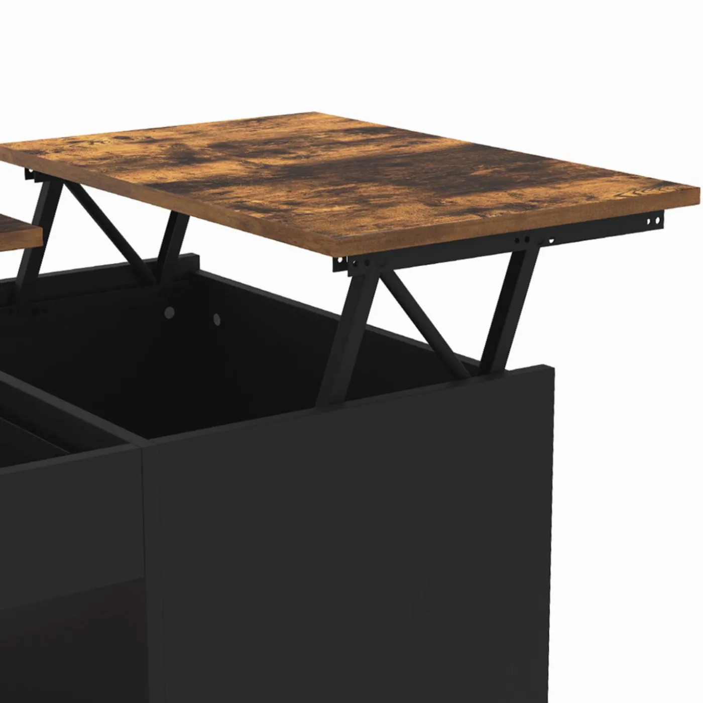 Table basse double plateau relevable bois foncé effet vieilli et noir avec coffre