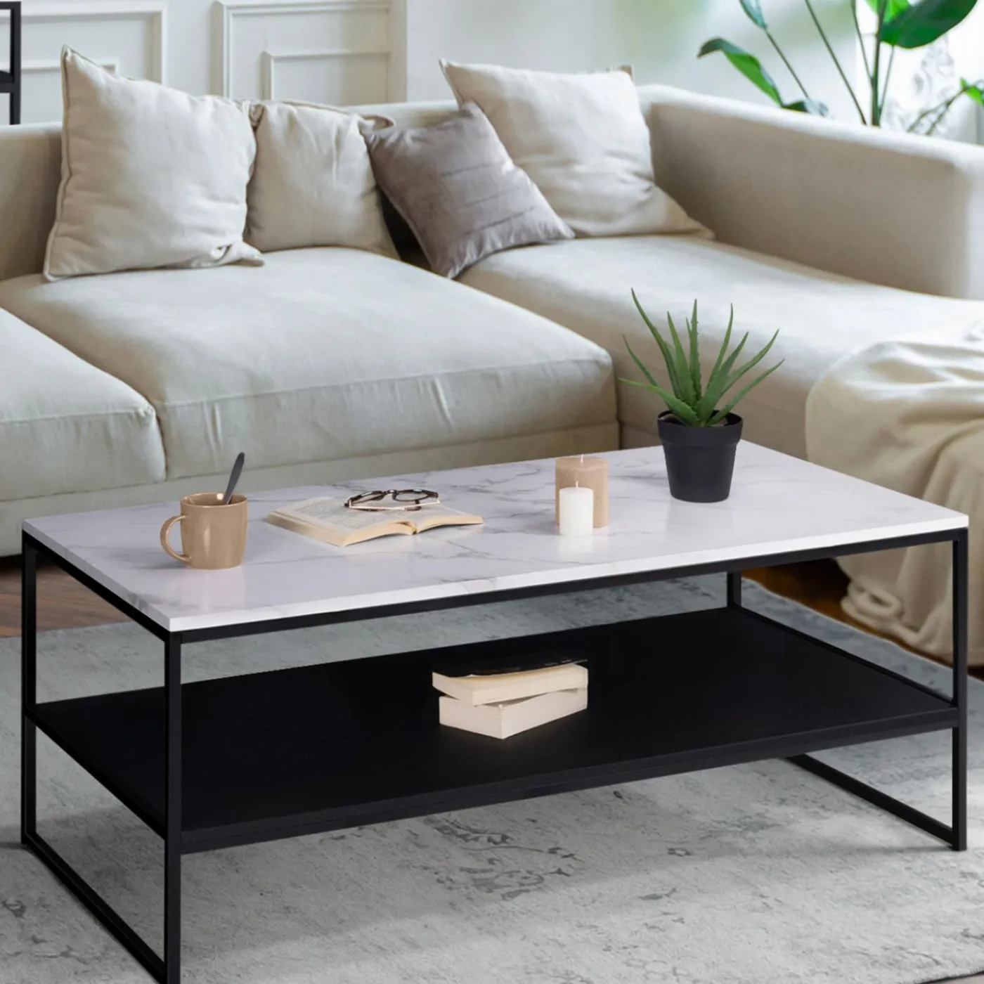 Table basse effet marbre double plateau