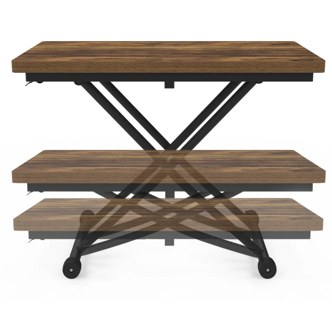 Table basse industrielle relevable bois foncé et noir