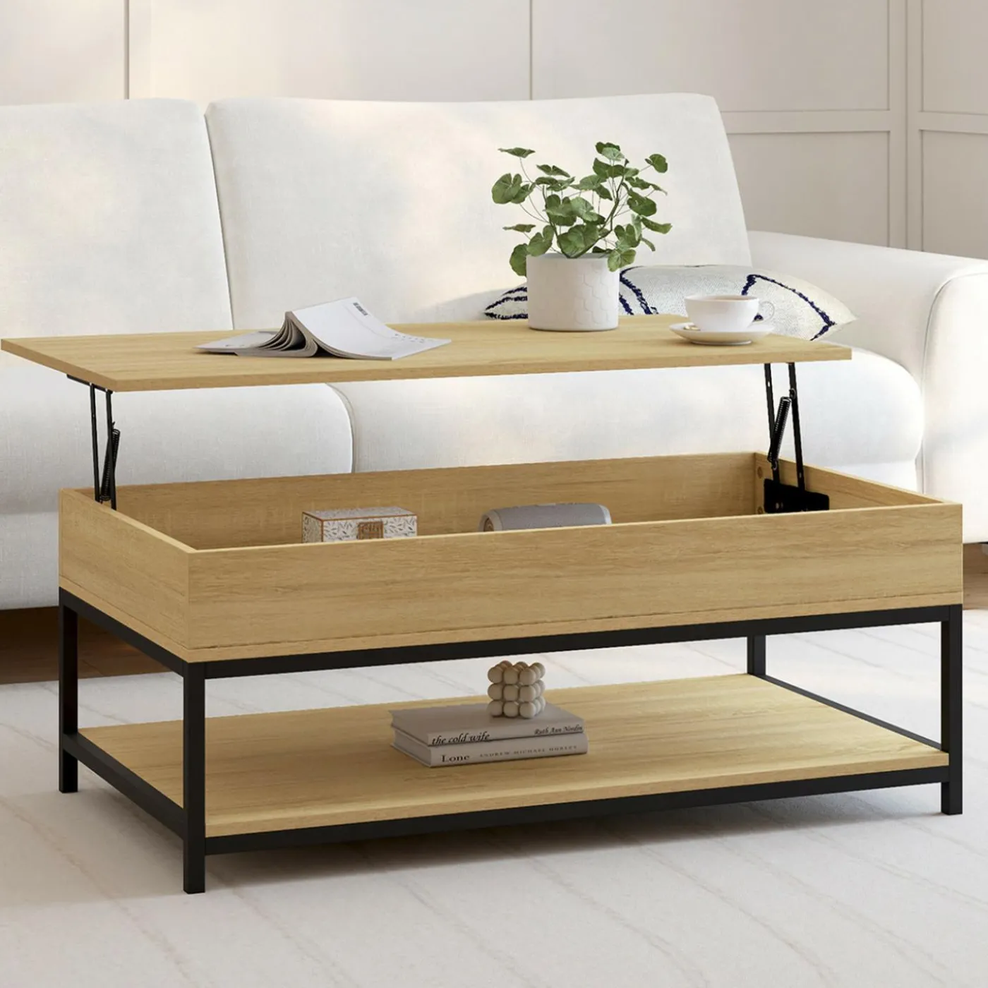 Table basse industrielle plateau relevable avec étagère