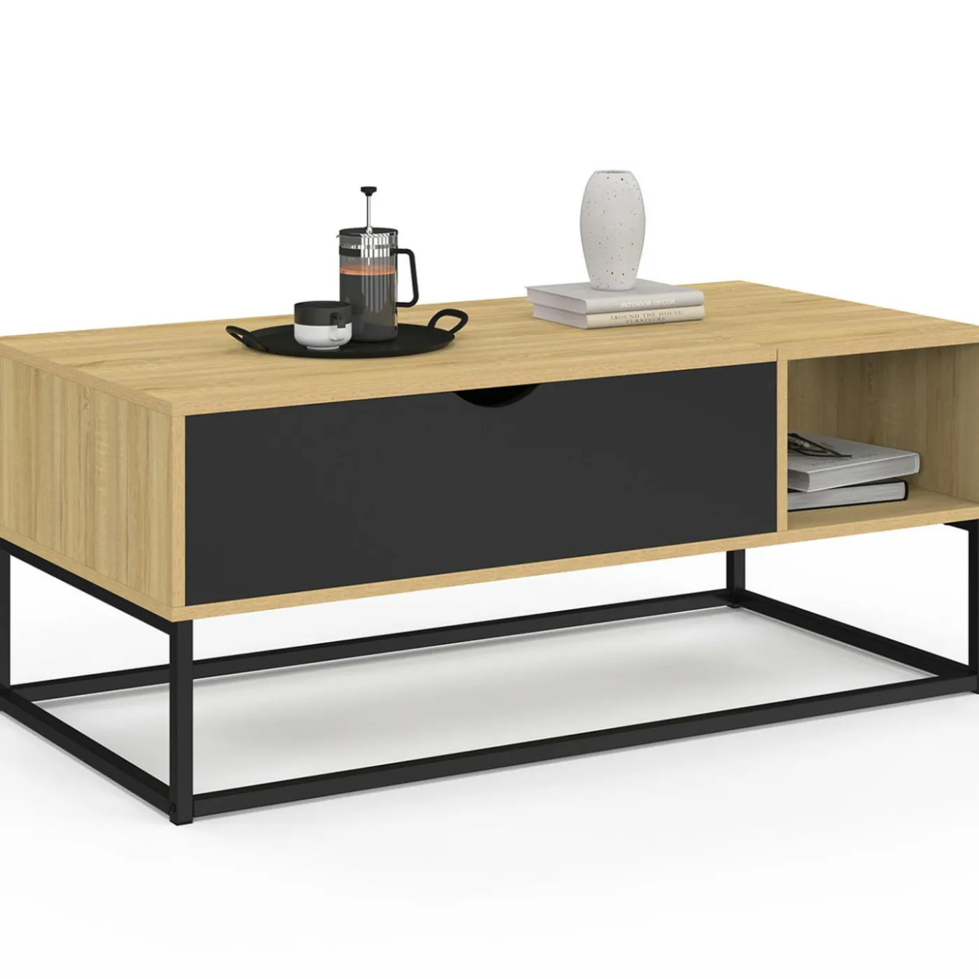 Table basse industrielle avec rangement et plateau relevable noir