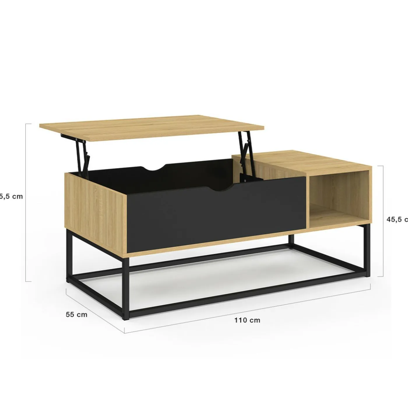Table basse industrielle avec rangement et plateau relevable noir