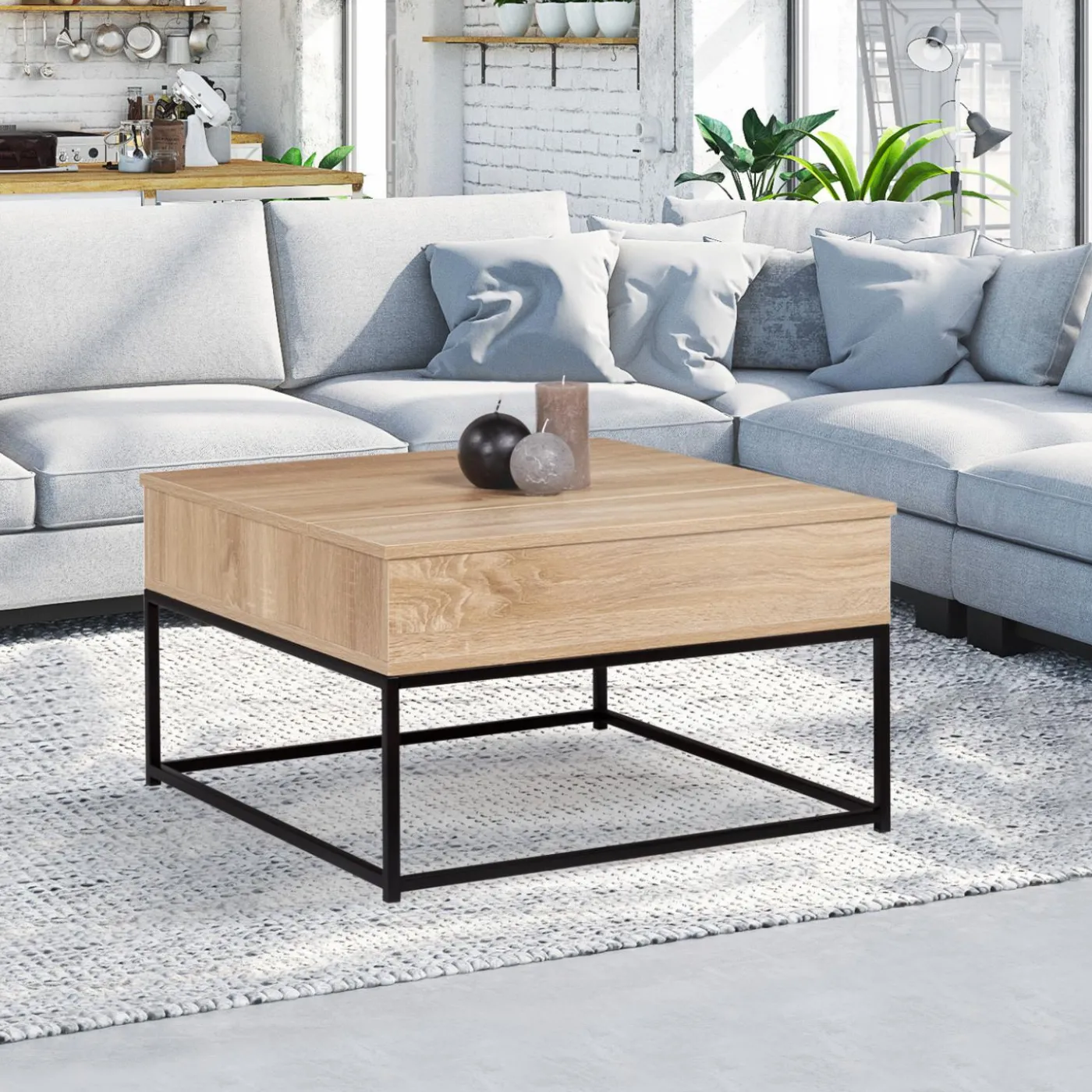 Table basse industrielle carrée avec plateau relevable