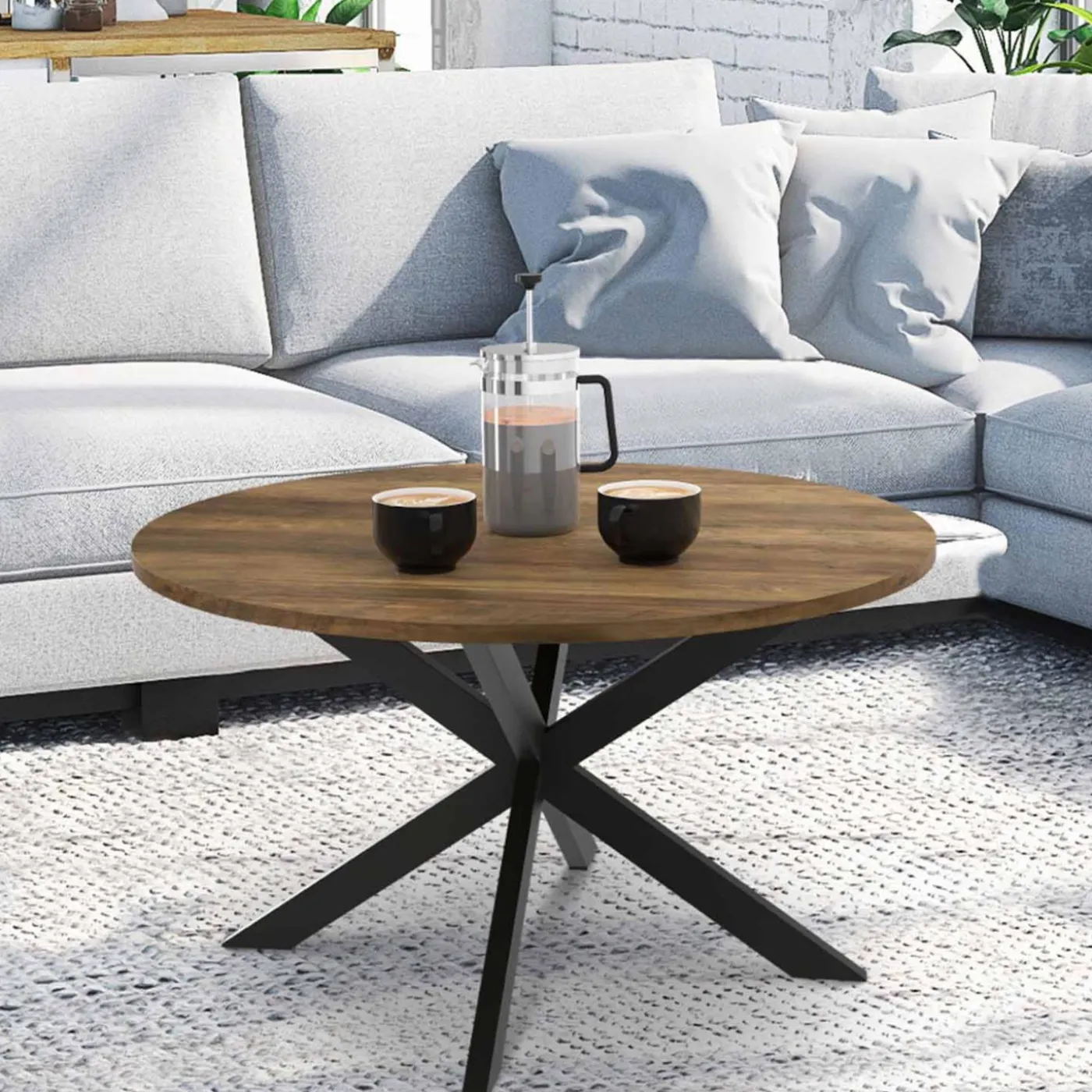Table basse industrielle ronde 70 cm pied araignée noir bois foncé