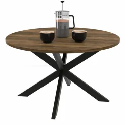 Table basse industrielle ronde 70 cm pied araignée noir bois foncé