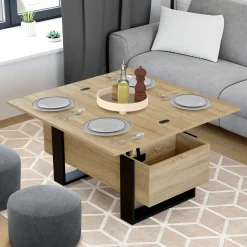 Table basse industrielle convertible en table à manger bois et noir