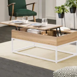 Table basse industrielle blanche et bois avec plateau relevable