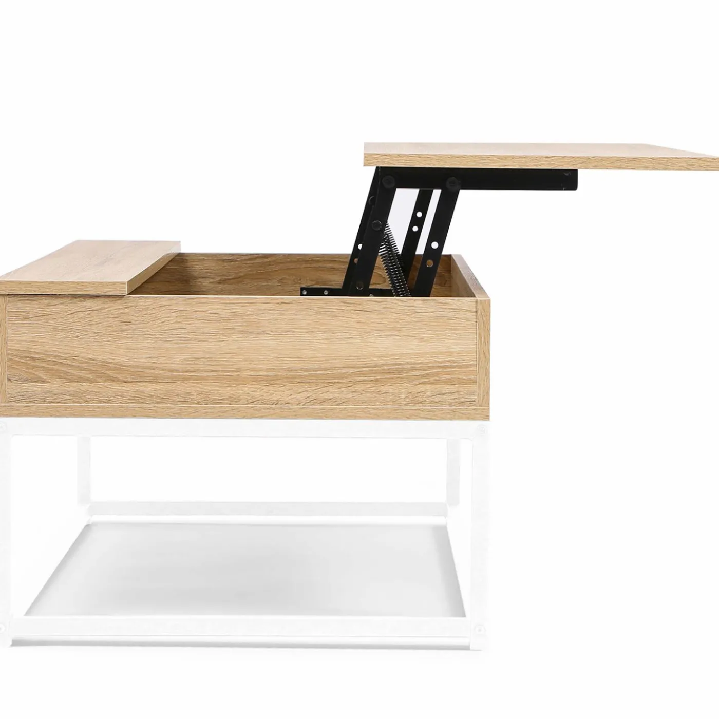Table basse industrielle blanche et bois avec plateau relevable