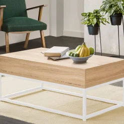 Table basse industrielle blanche et bois avec plateau relevable