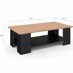 Table basse noire avec plateau façon hêtre rectangulaire