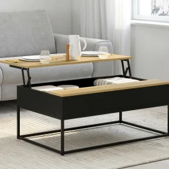 Table basse noire style industriel avec plateau relevable en bois façon hêtre